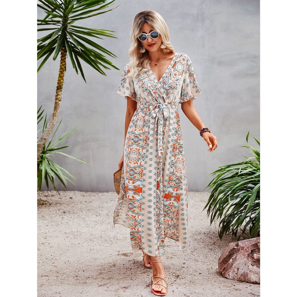 VCAY Allover Print Butterfly Sleeve Split Side Belted Dress - Picture 9 of 11